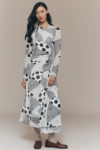 By Anthropologie Long-Sleeve Ruched Mesh Midi Dress