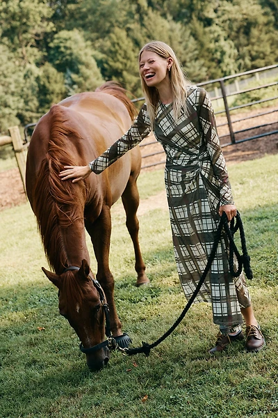 By Anthropologie Long-Sleeve Ruched Mesh Midi Dress