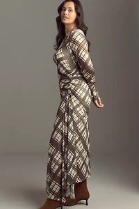 By Anthropologie Long-Sleeve Ruched Mesh Midi Dress