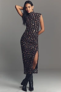 The Maya Ruched Cowl-Neck Mesh Dress