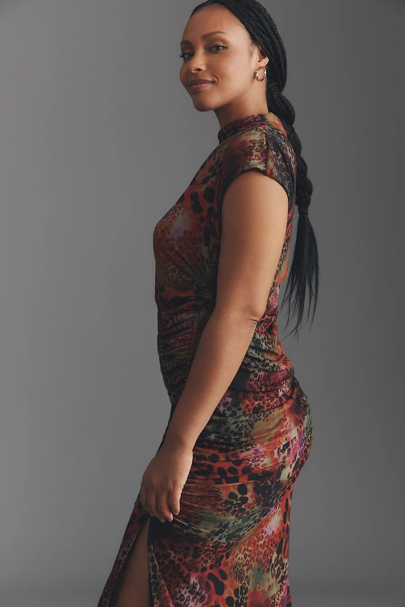 The Maya Ruched Cowl-Neck Mesh Dress