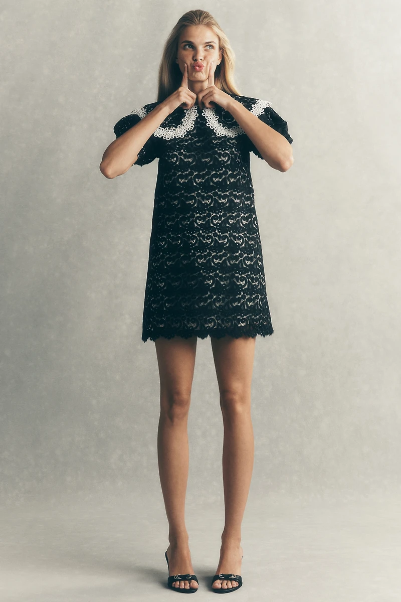 Maeve Puff-Sleeve Collared Lace Mini Dress