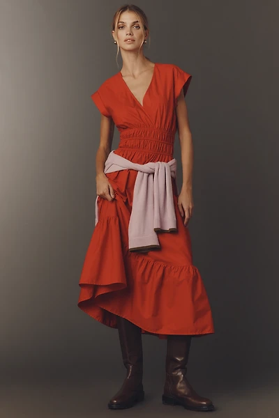 Maeve Cap-Sleeve V-Neck Smocked Midi Dress