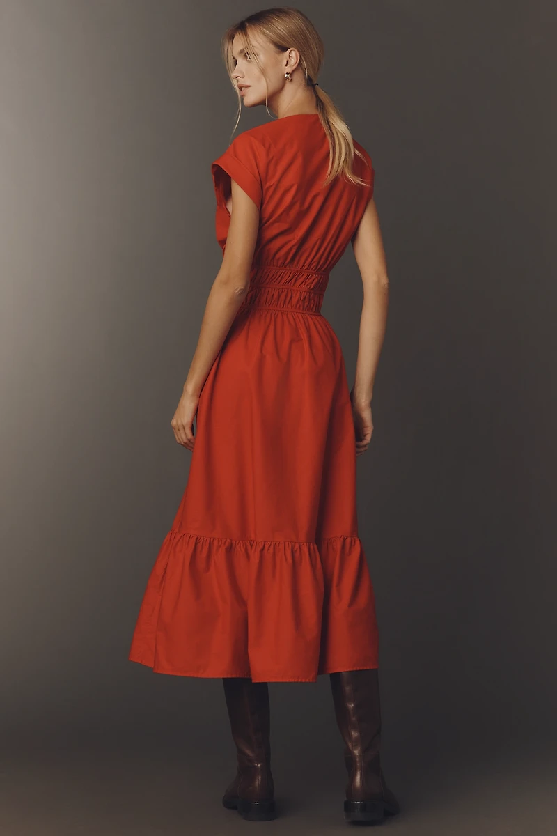 Maeve Cap-Sleeve V-Neck Smocked Midi Dress