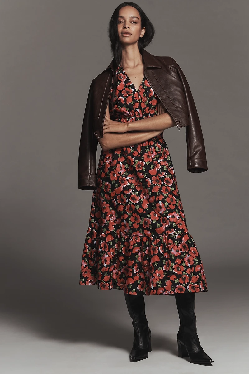 Maeve Cap-Sleeve V-Neck Smocked Midi Dress