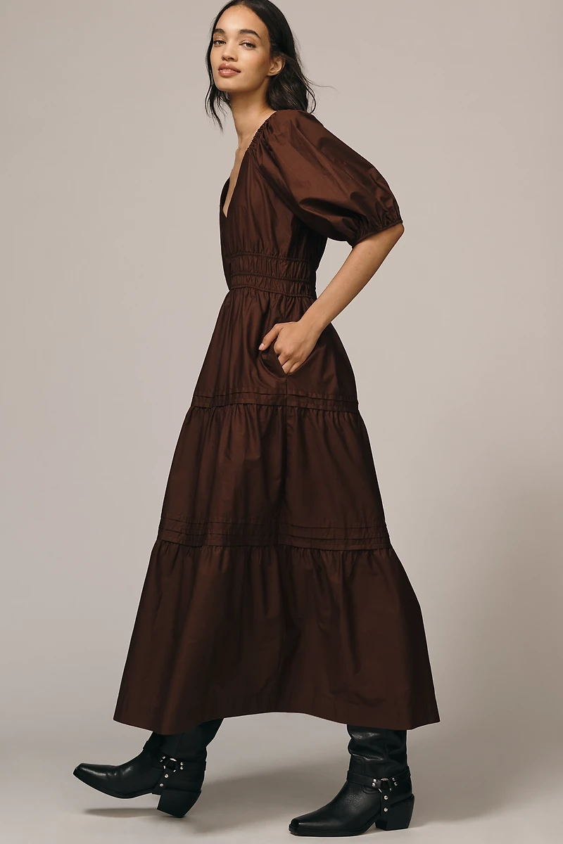 Maeve Smocked V-Neck Half-Sleeve Tiered Midi Dress