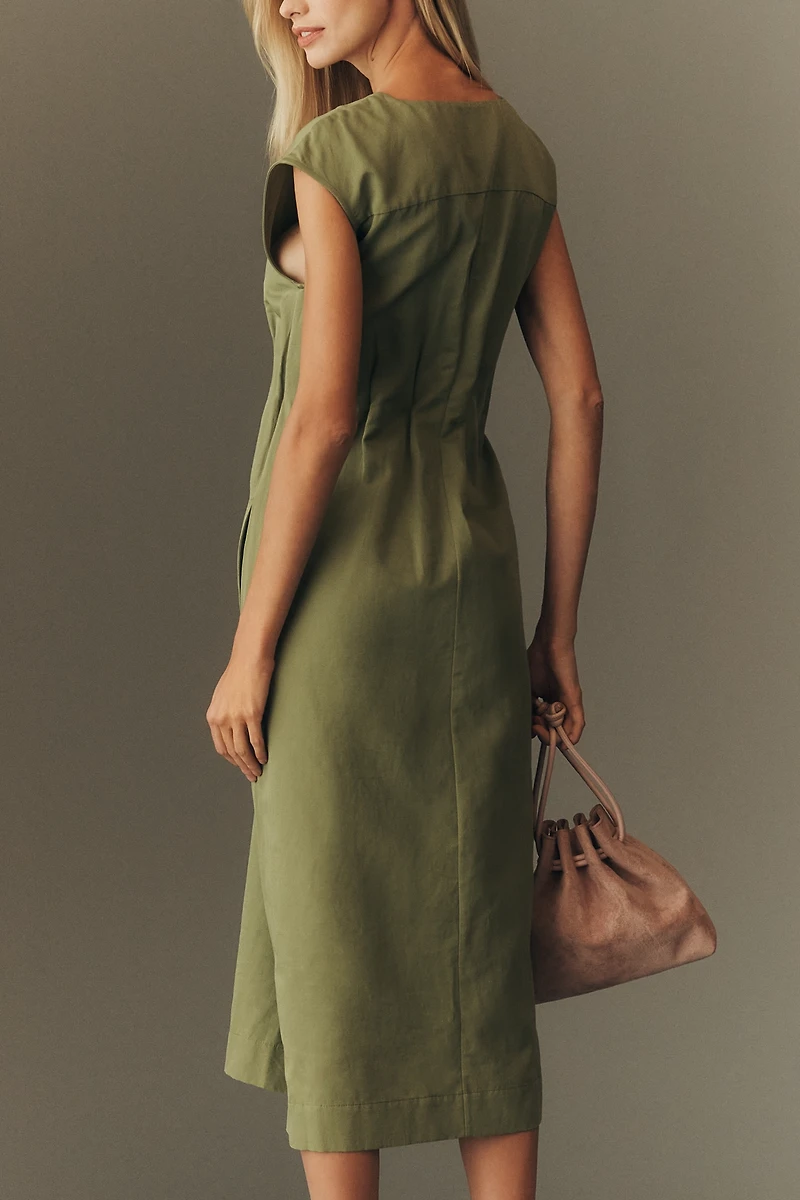 Maeve Linen Blend Short-Sleeve Waisted Midi Dress