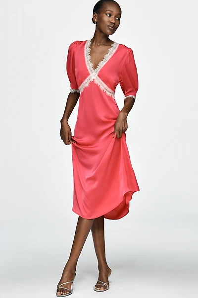 By Anthropologie V-Neck Lace Trim Midi Dress