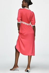 By Anthropologie V-Neck Lace Trim Midi Dress