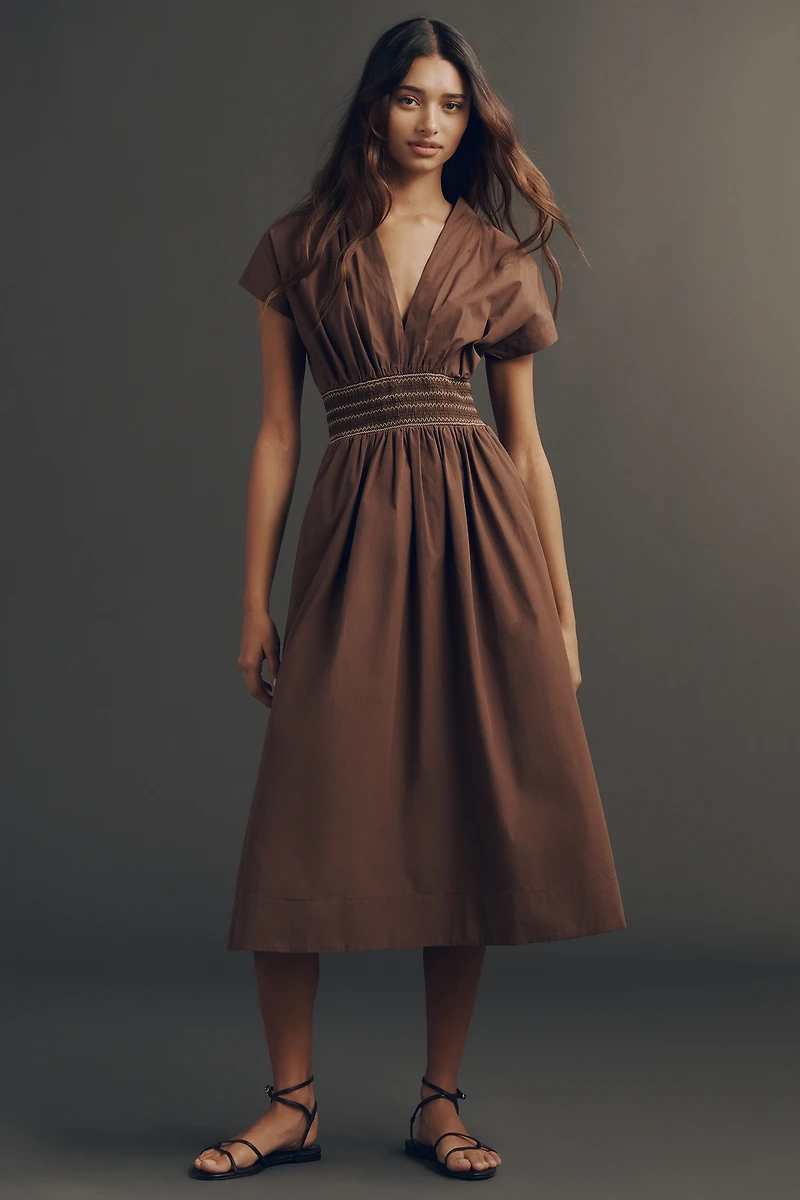 By Anthropologie Smocked Cotton Poplin Midi Dress