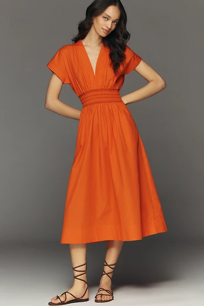 By Anthropologie Smocked Cotton Poplin Midi Dress