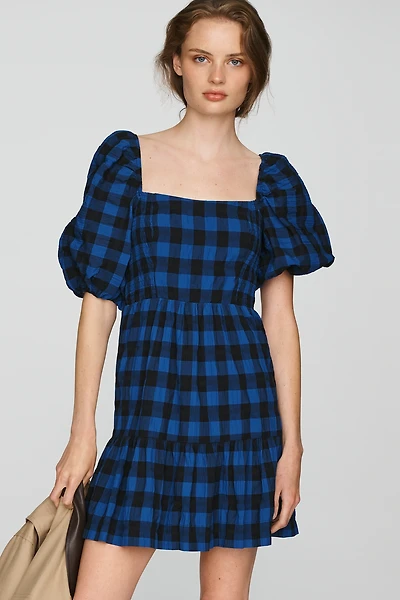 Somerset Puff-Sleeve Plaid Mini Dress