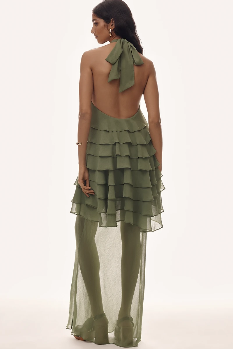 THIRD FORM Gaia Sheer Ruffle Halter Dress