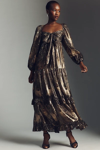 By Anthropologie Long-Sleeve Metallic Babydoll Midi Dress