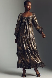 By Anthropologie Long-Sleeve Metallic Babydoll Midi Dress