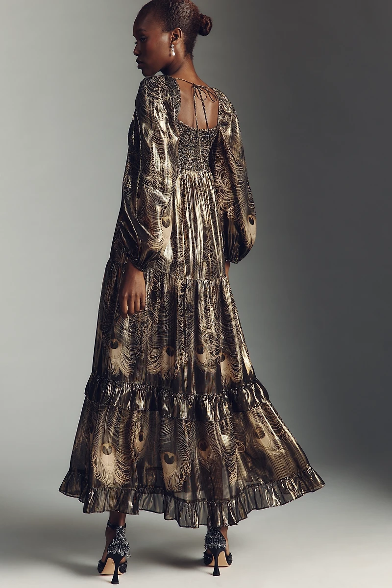 By Anthropologie Long-Sleeve Metallic Babydoll Midi Dress