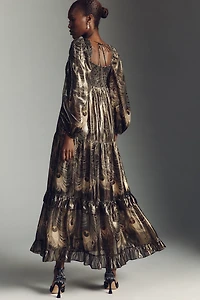 By Anthropologie Long-Sleeve Metallic Babydoll Midi Dress