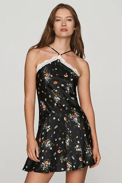 By Anthropologie 100% Silk Lace-Trim Halter Mini Dress