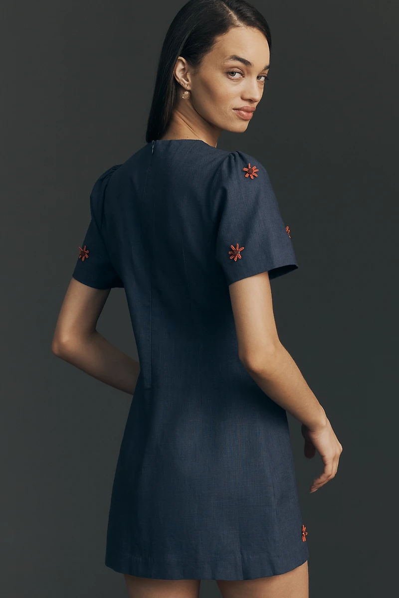 Maude Dawn Short-Sleeve Embroidered Mini Dress