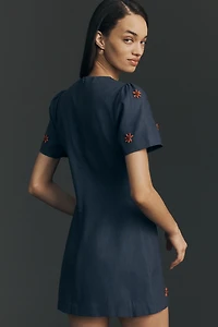 Maude Dawn Short-Sleeve Embroidered Mini Dress