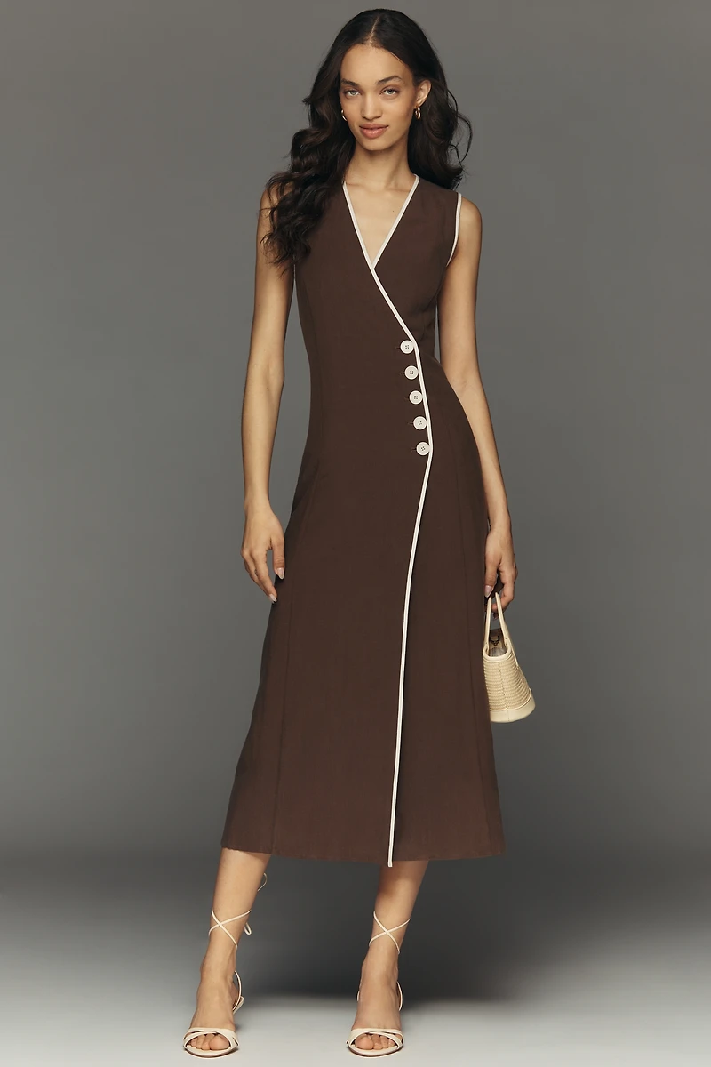 Mare Sleeveless Linen Blend Wrap Midi Dress