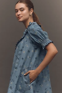 Pilcro Puff-Sleeve Ruffled V-Neck Swing Mini Dress