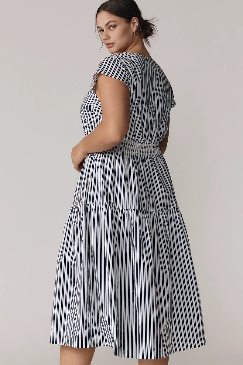 Universal Standard Plus Ambroeus Short-Sleeve Smocked Poplin Midi Dress