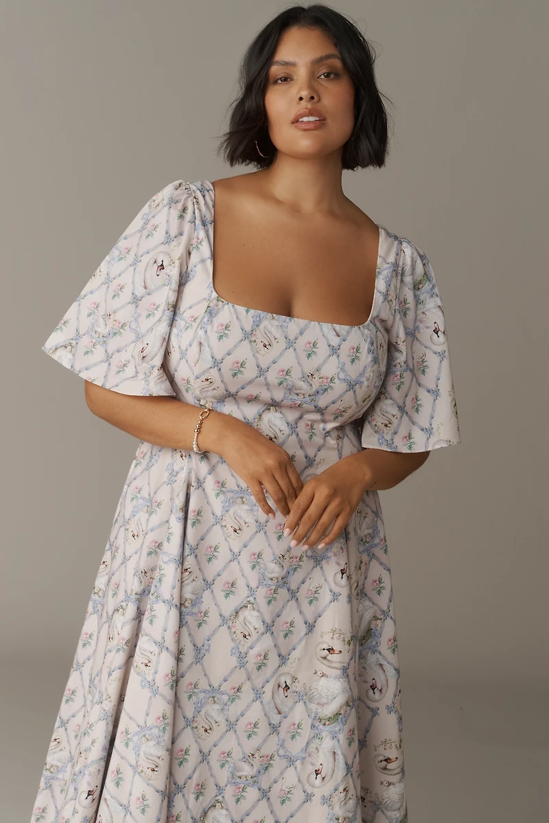 Selkie Bluebell Plus Short-Sleeve Square-Neck Midi Dress
