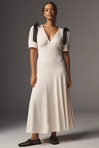 ASTR The Label Celia Puff-Sleeve V-Neck Midi Dress