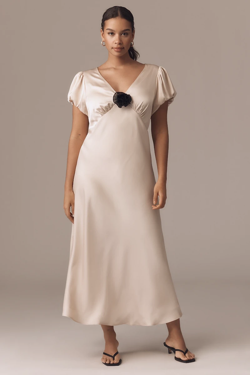 Elodie The Label Leia Rosette Satin Midi Dress
