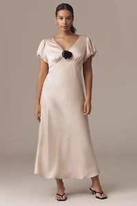 Elodie The Label Leia Rosette Satin Midi Dress