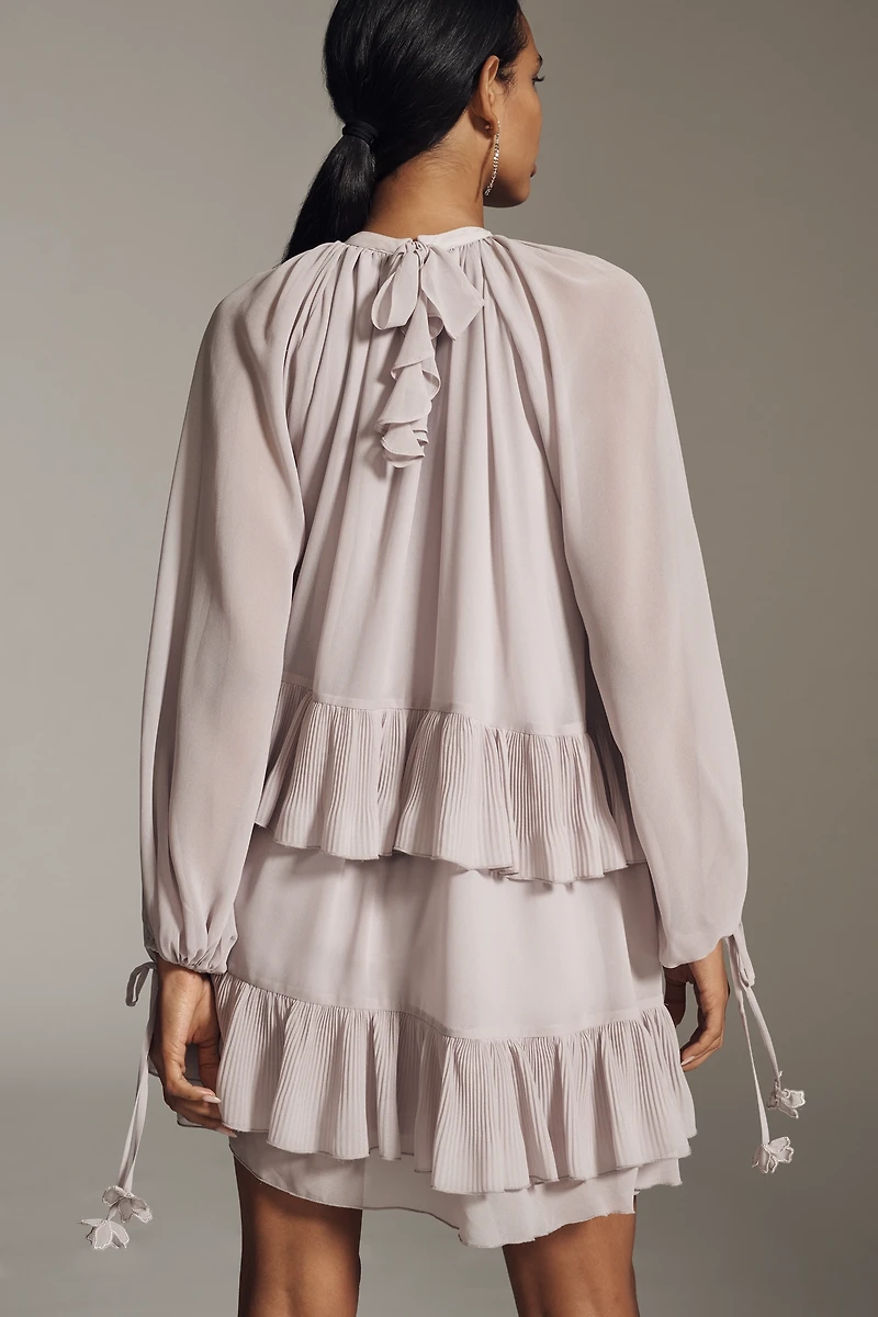 En Saison Nicolette Long-Sleeve Tiered Chiffon Mini Dress