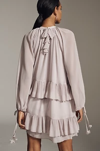 En Saison Nicolette Long-Sleeve Tiered Chiffon Mini Dress