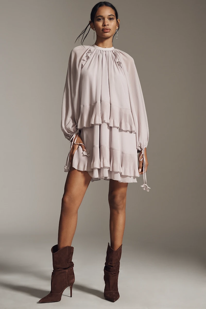 En Saison Nicolette Long-Sleeve Tiered Chiffon Mini Dress