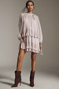 En Saison Nicolette Long-Sleeve Tiered Chiffon Mini Dress