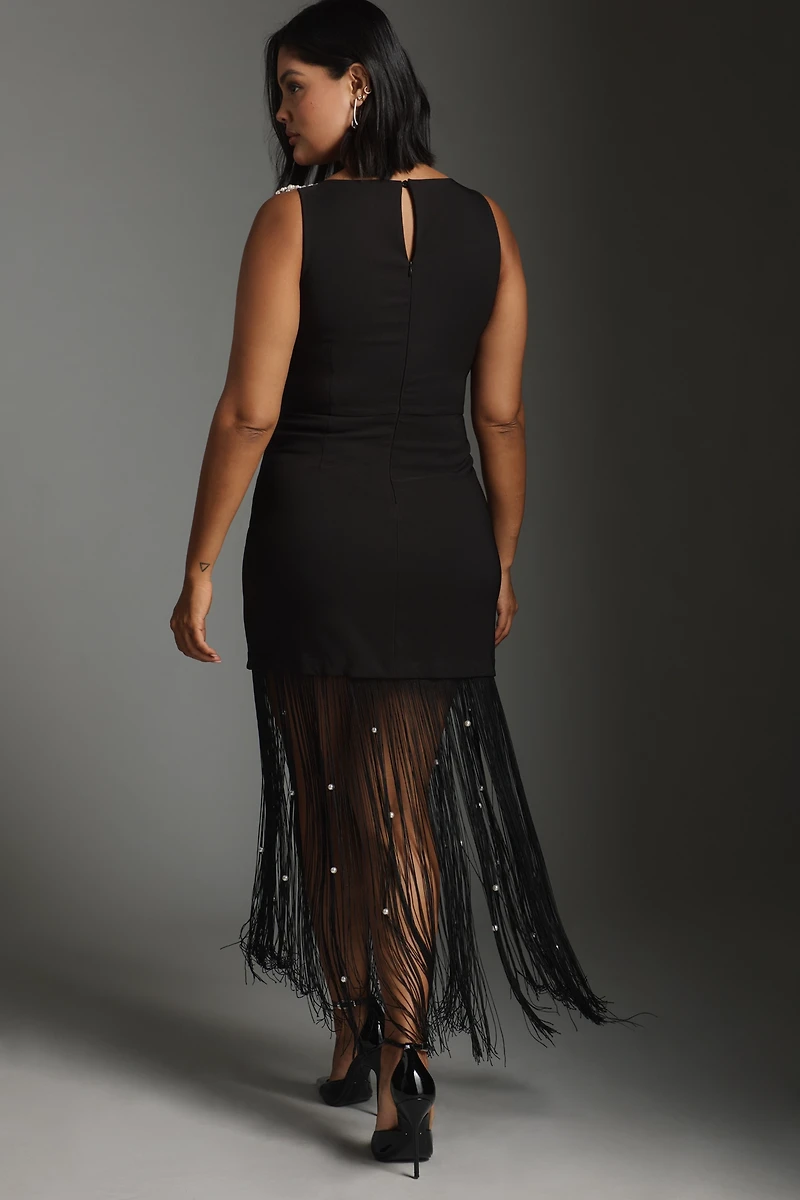 En Saison Leah Fringe-Hem Pearled Mini Dress