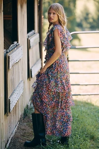 En Saison Naomi Short-Sleeve V-Neck Ruffled Maxi Dress
