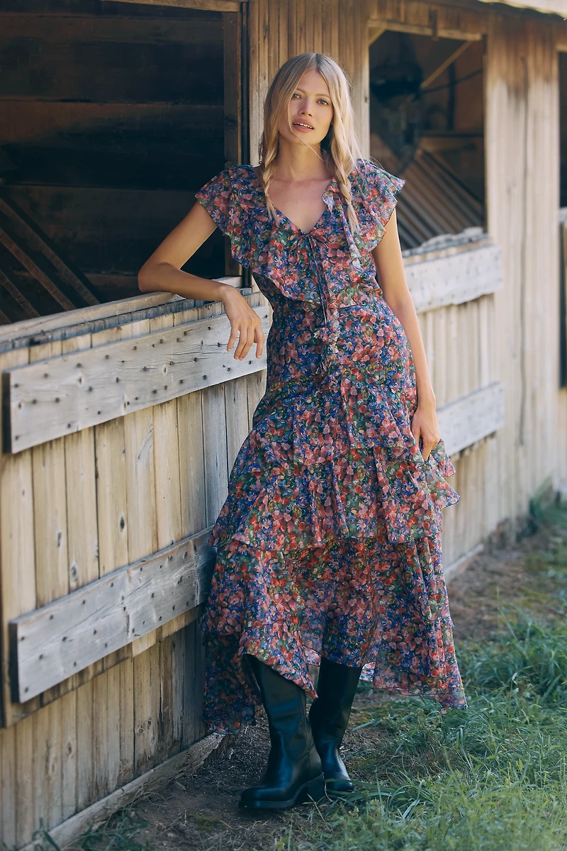 En Saison Naomi Short-Sleeve V-Neck Ruffled Maxi Dress