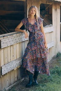 En Saison Naomi Short-Sleeve V-Neck Ruffled Maxi Dress