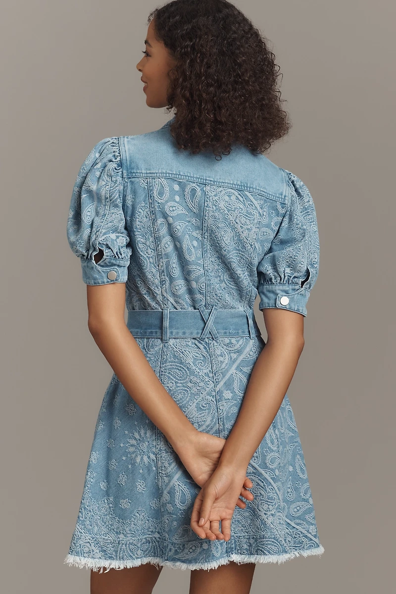 En Saison Tarak Puff-Sleeve Denim Mini Shirt Dress