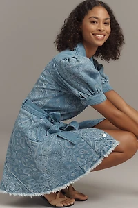 En Saison Tarak Puff-Sleeve Denim Mini Shirt Dress