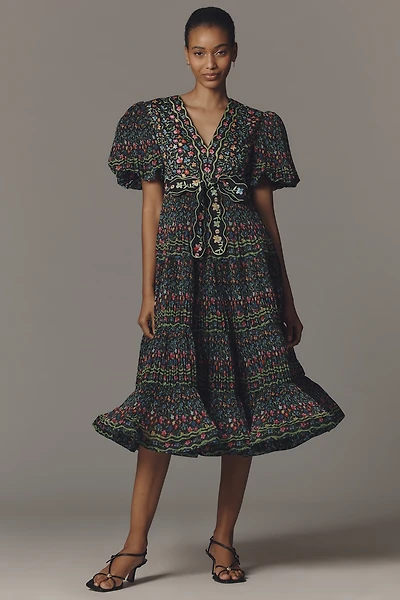 CeliaB Celestia Puff-Sleeve V-Neck Midi Dress