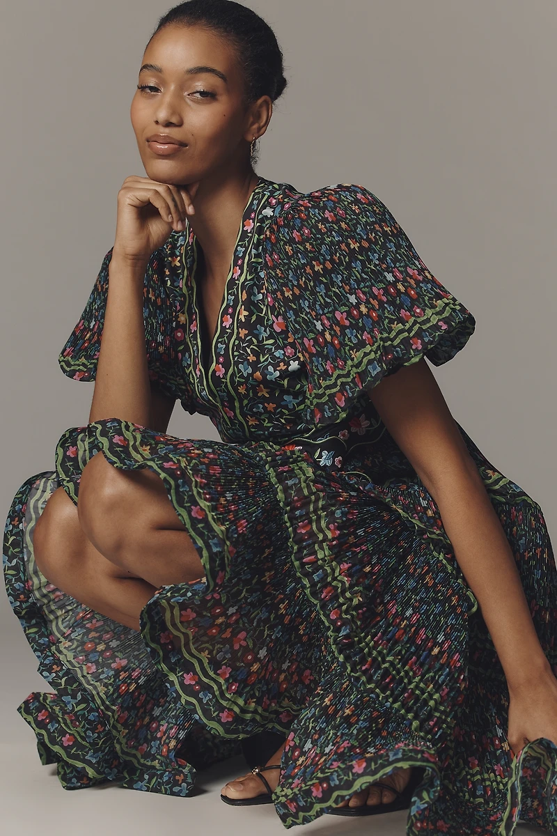 CeliaB Celestia Puff-Sleeve V-Neck Midi Dress