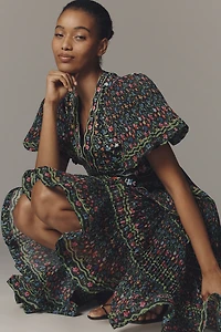 CeliaB Celestia Puff-Sleeve V-Neck Midi Dress