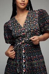 CeliaB Celestia Puff-Sleeve V-Neck Midi Dress