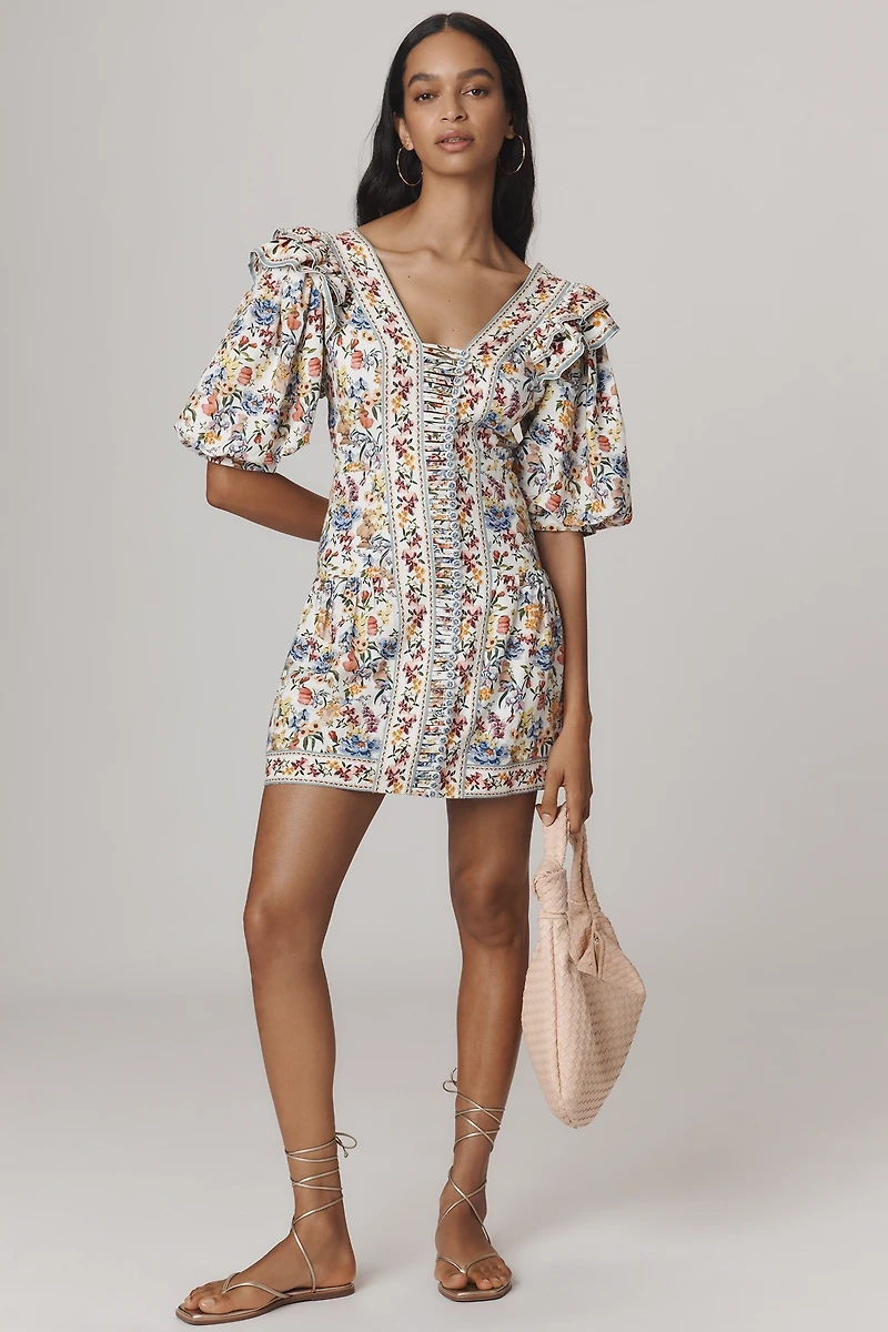 Farm Rio Greek Garden Linen Blend Short-Sleeve V-Neck Mini Dress