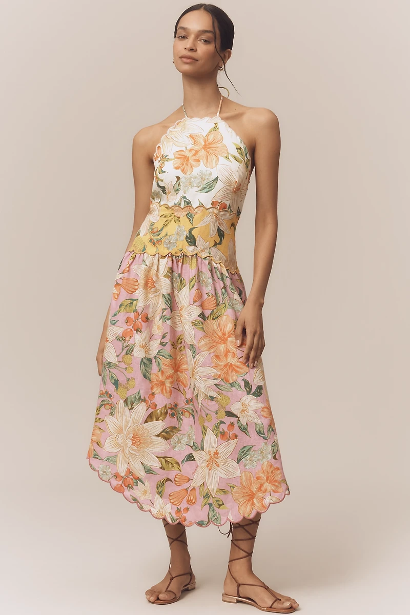 Farm Rio Linen Halter Drop-Waist Midi Dress