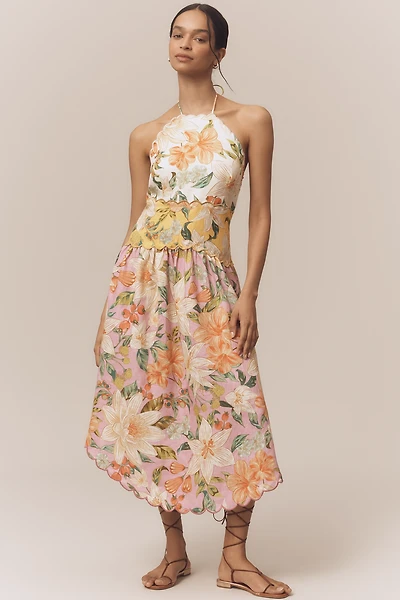 Farm Rio Linen Halter Drop-Waist Midi Dress