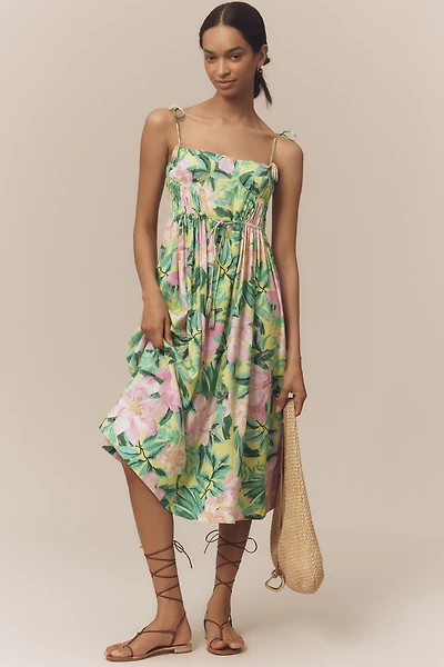Farm Rio Linen Blend Tie-Strap Sweetheart Babydoll Midi Dress