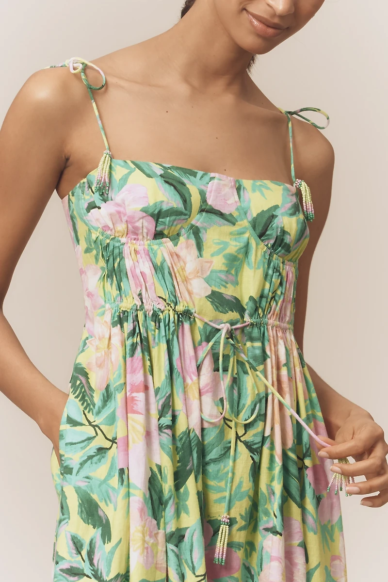 Farm Rio Linen Blend Tie-Strap Sweetheart Babydoll Midi Dress